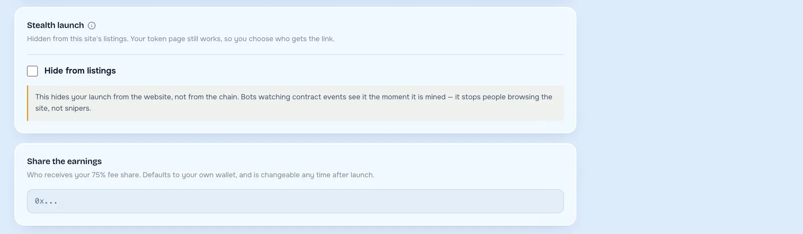 The stealth launch option, which hides a token from the site's listings