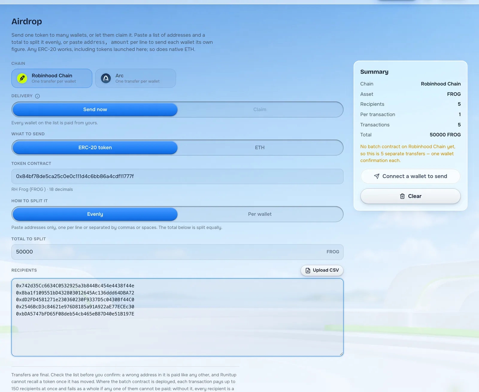 A completed airdrop form on Runitup with the summary showing five recipients
