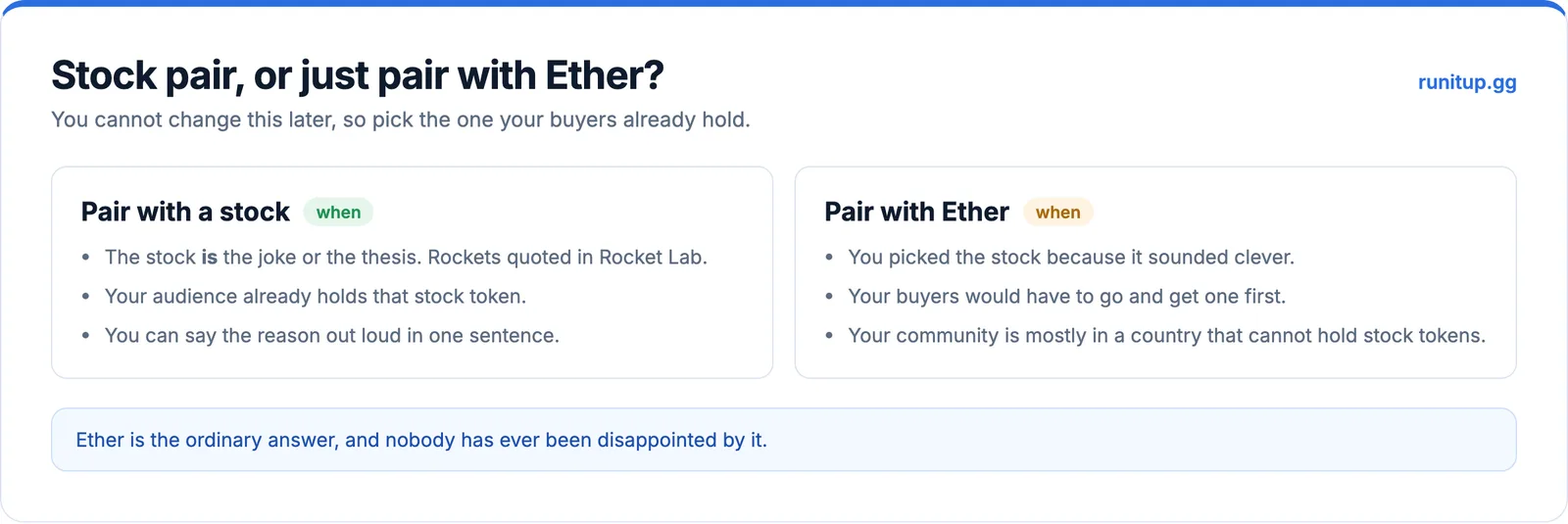 When to pair with tokenized stocks and when to pair with Ether instead