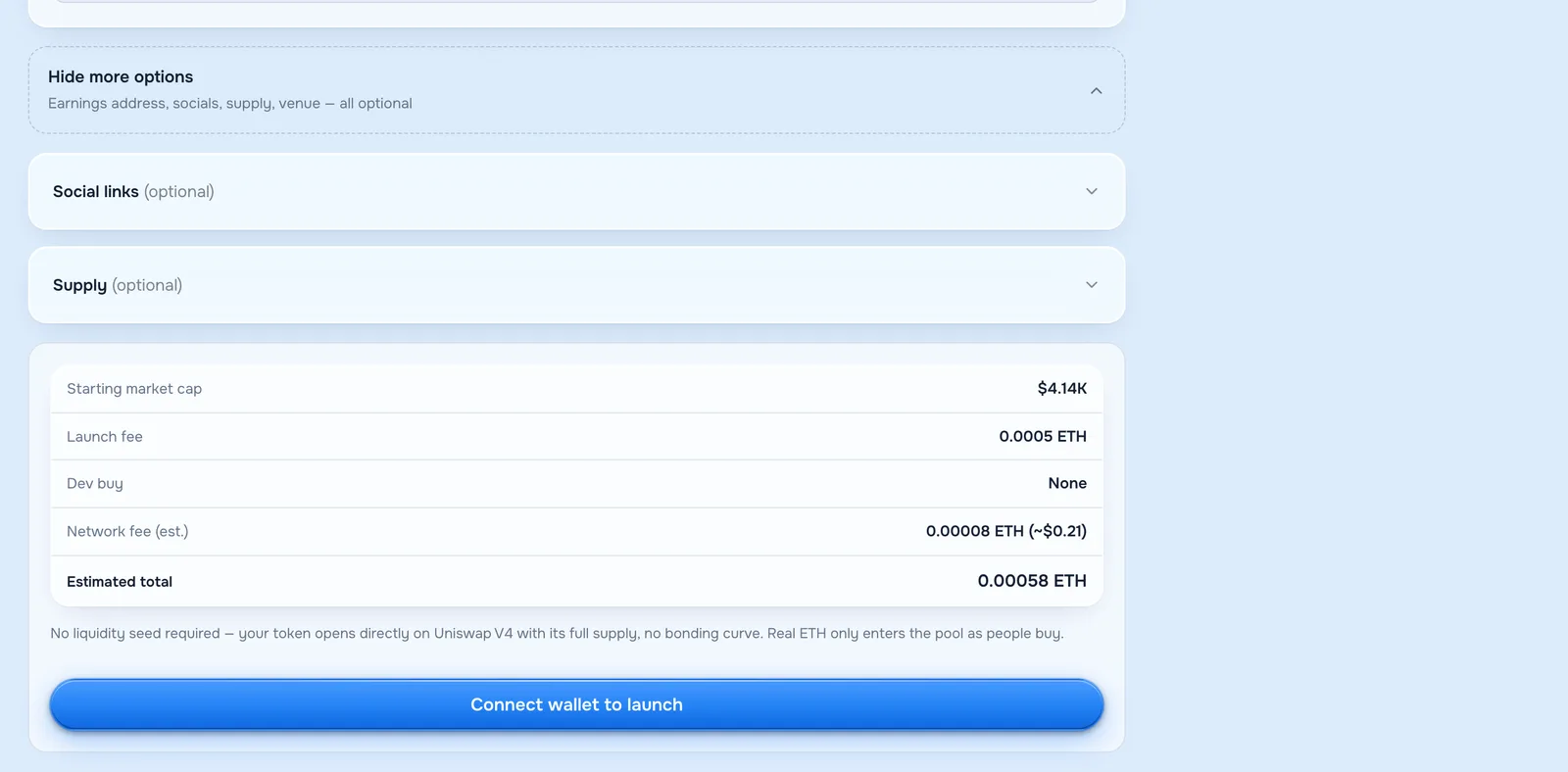 The optional settings: earnings address, socials, supply and venue