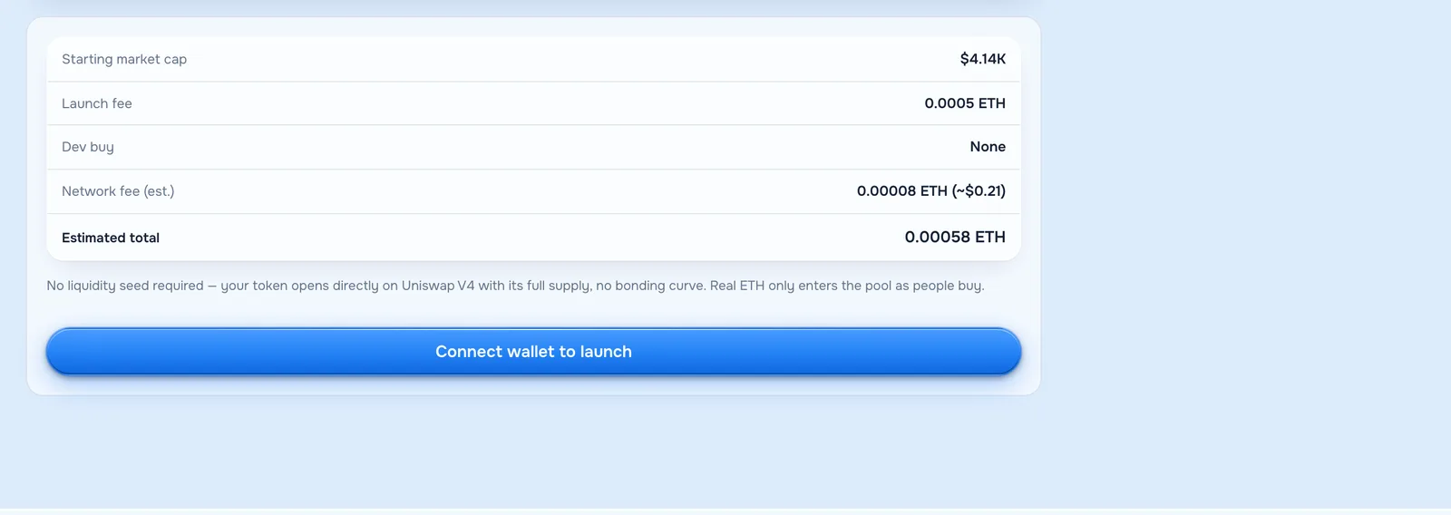 The cost panel showing the launch fee, network fee and estimated total