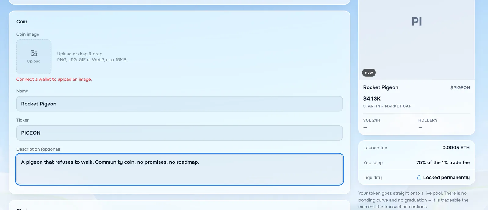 Filling in the coin name, ticker and description, with the live preview card