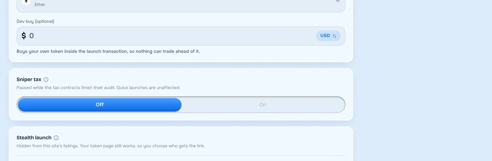 The optional dev buy, which buys your own token inside the launch transaction