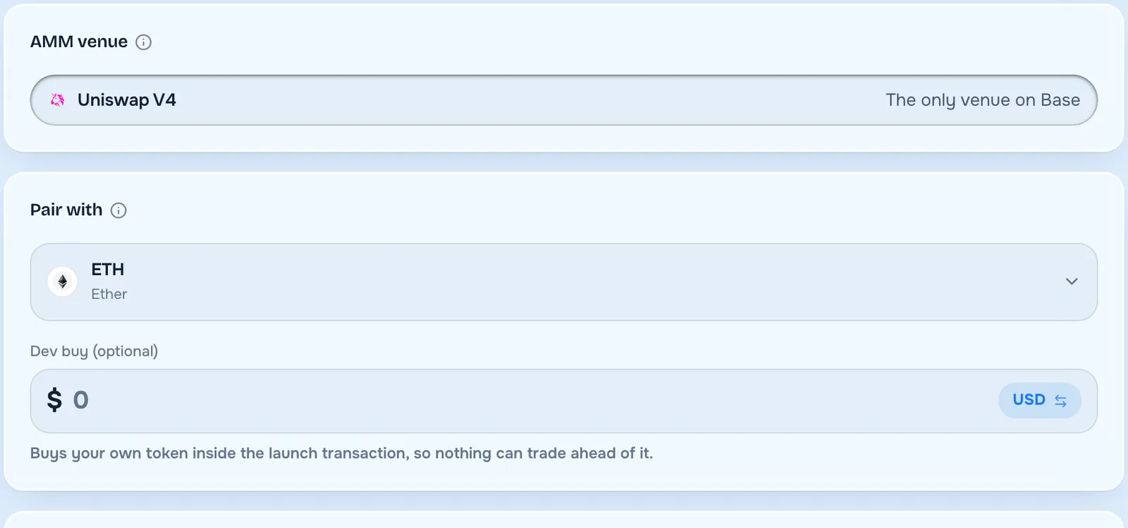 Pair and dev buy section of the launch form for a coin on Base, with Uniswap V4 as the only venue and ETH as the pair