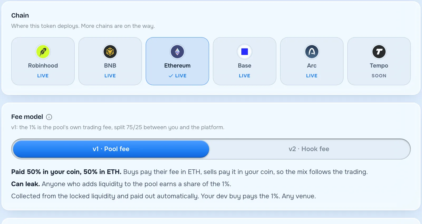 Chain picker on the Runitup launch form with Ethereum selected and the v1 and v2 fee models below