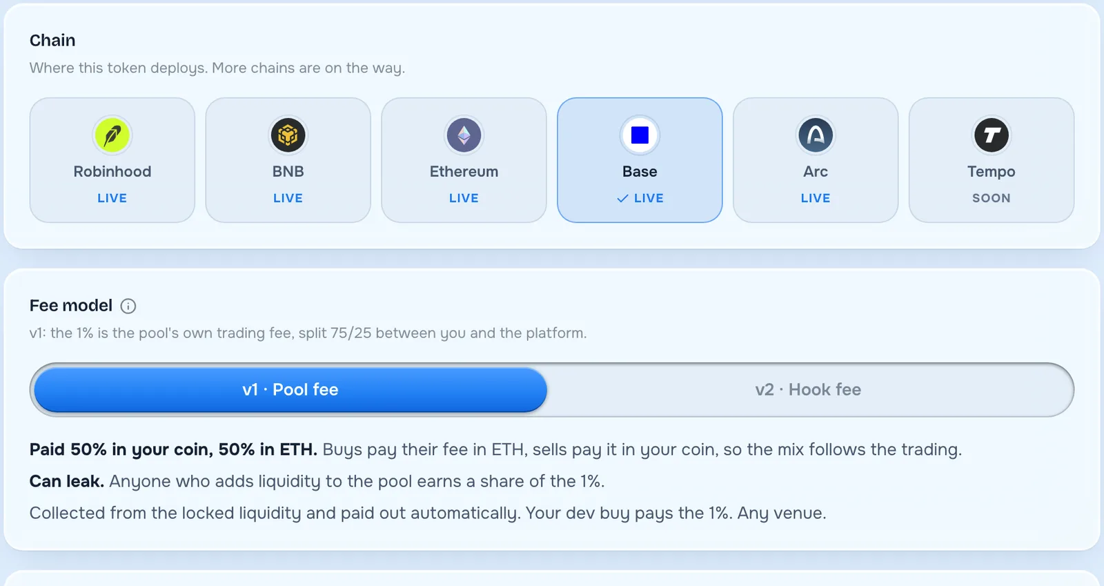 Runitup launch form with Base selected as the chain for a new coin on Base